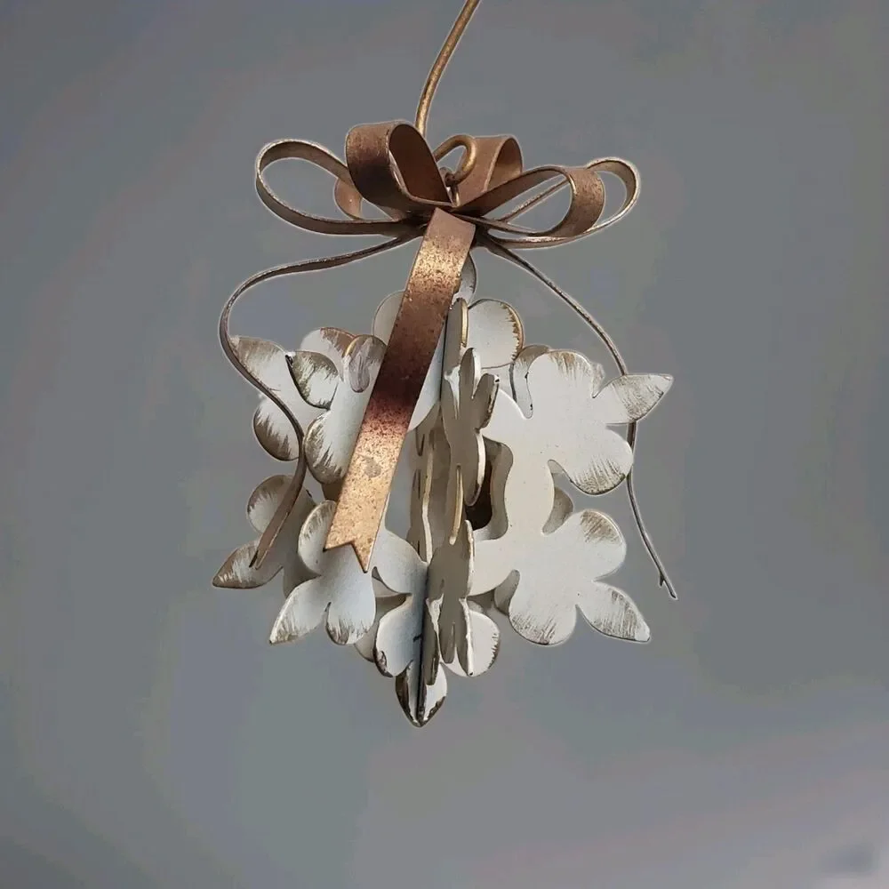 Snowflake Ornament 3D Christmas Metal Holiday Decor Rustic Ribbon 6